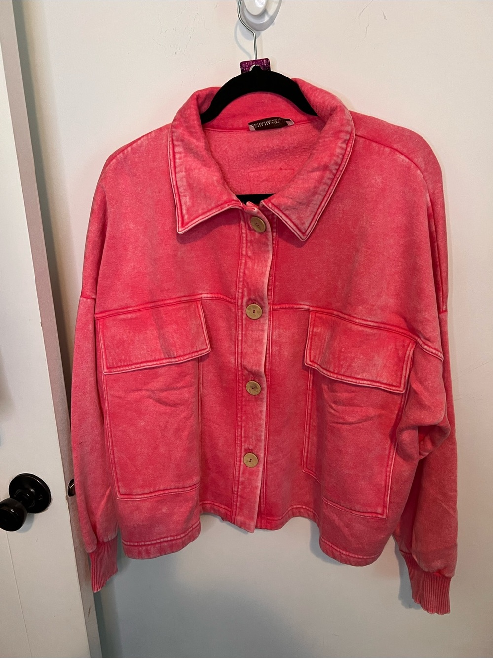 Zenana Outfitters Washed Coral-Pink Oversized Button Jacket